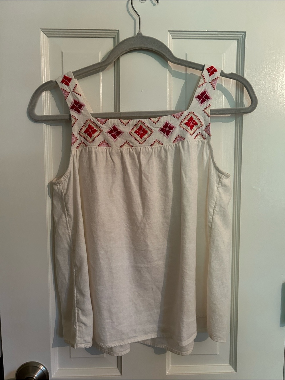 Madewell Cream Square-Neck Tank with Red Embroidered Diamonds